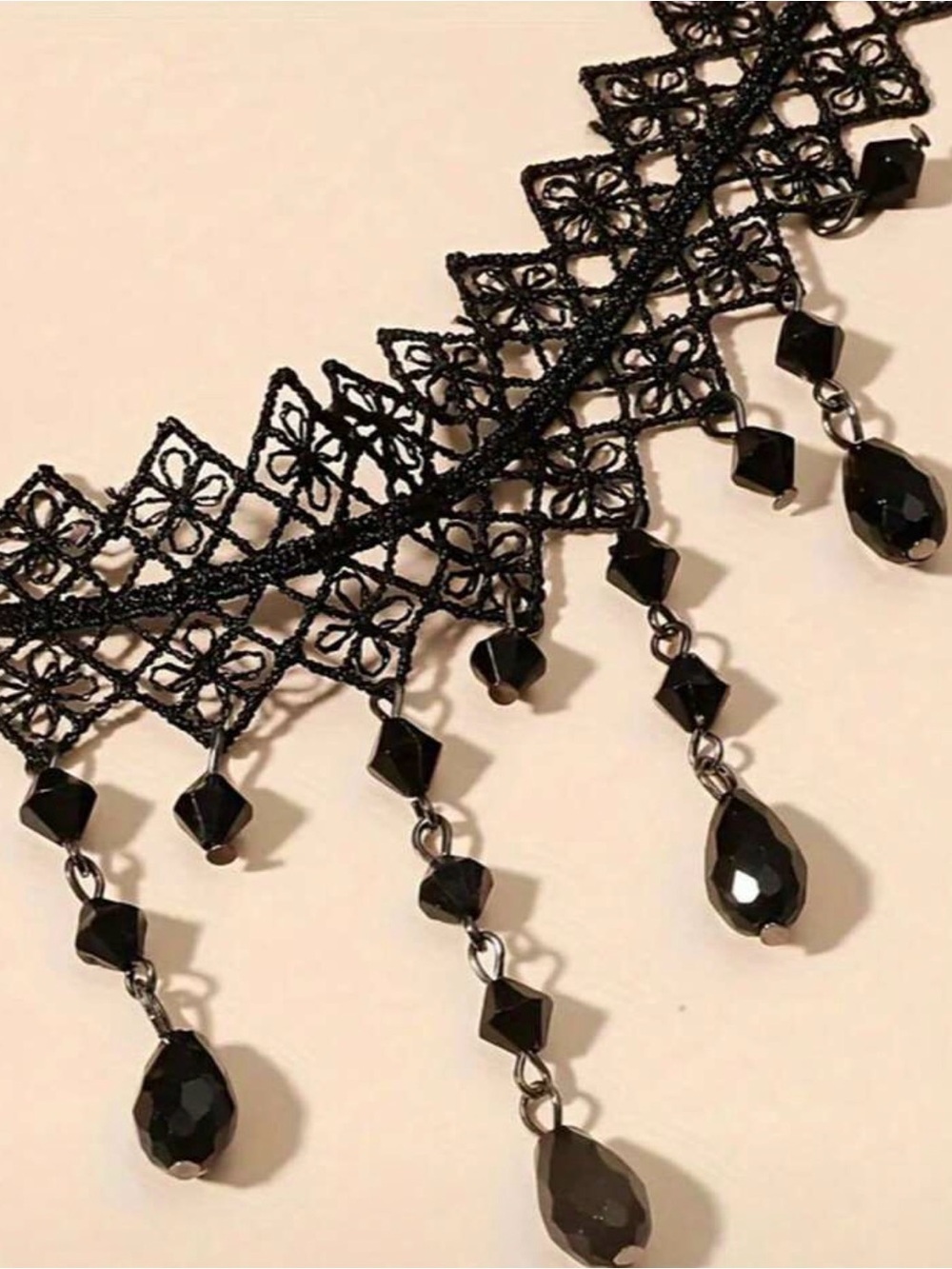 Black Lace Choker Necklace with Dangling Beads - Picture 3 of 5